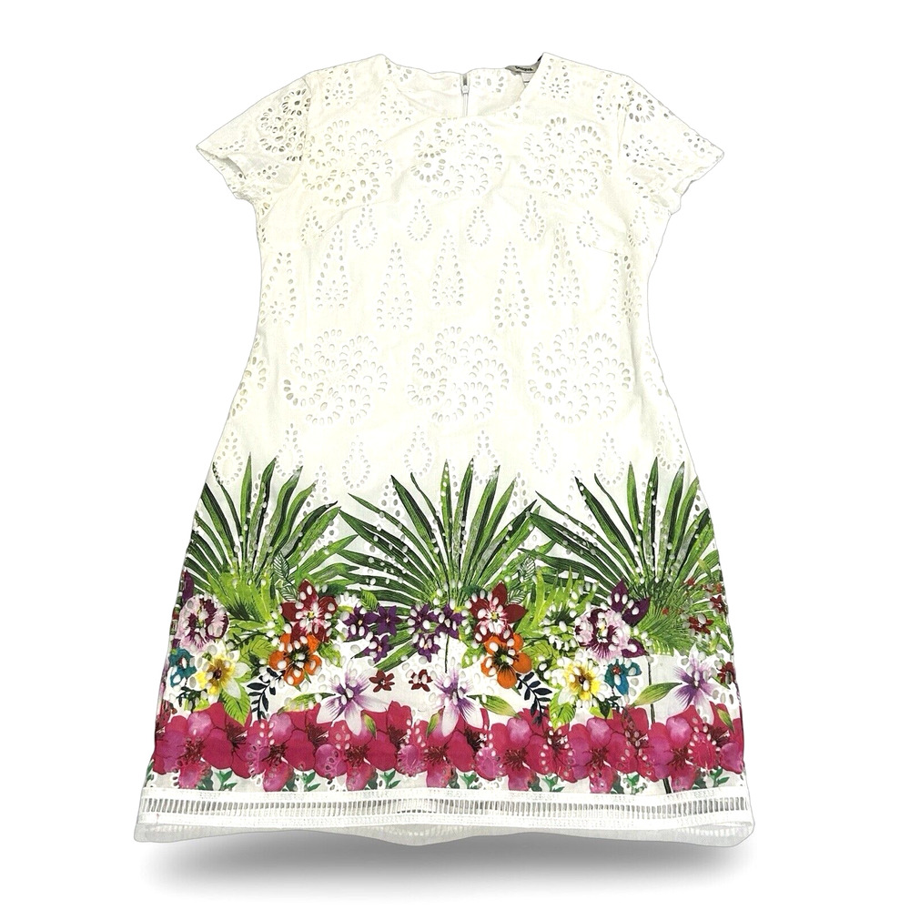 Desigual Shift Dress Size 12 EU 46 White Eyelet Denver Floral Design - Picture 2 of 8